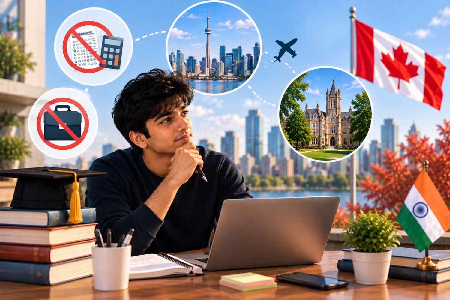 Indian student exploring an MBA in Canada without GMAT, with Canadian and Indian flags, Toronto skyline, university campus, airplane, graduation cap, books, and application symbols.